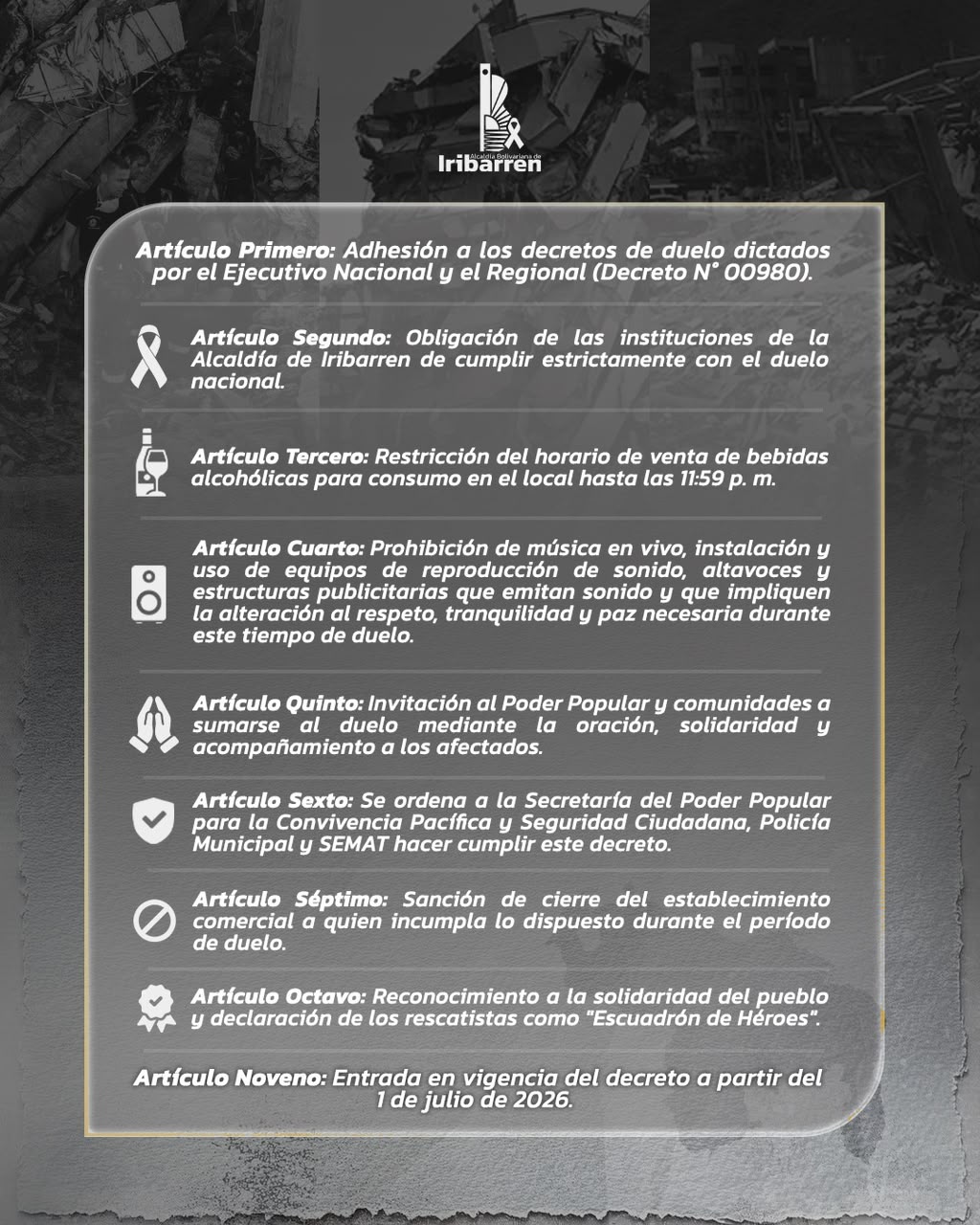Municipio Iribarren se adhiere al duelo nacional bajo el Decreto N° 36 – 2026