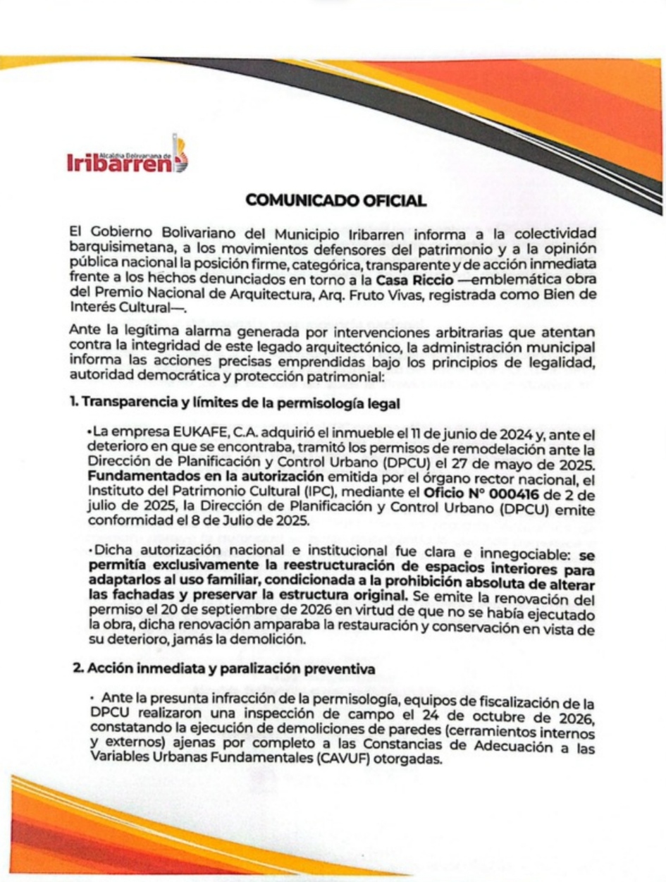 COMUNICADO OFICIAL: La Alcaldía Bolivariana de Iribarren fijó posición firme e inmediata frente a las intervenciones en la Casa Riccio.